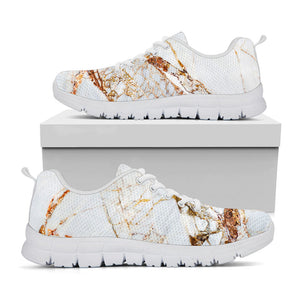 White Gold Grunge Marble Print White Running Shoes