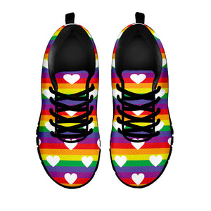 White Heart On LGBT Pride Striped Print Black Running Shoes