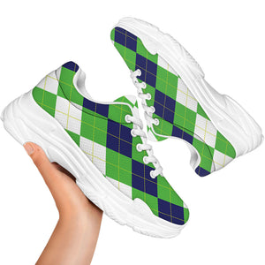 White Navy And Green Argyle Print White Chunky Shoes