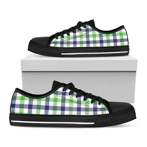 White Navy And Green Plaid Print Black Low Top Sneakers