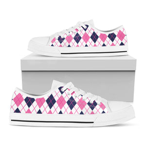 White Pink And Blue Argyle Pattern Print White Low Top Sneakers