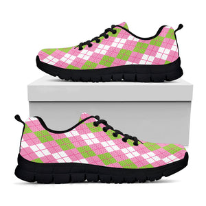 White Pink And Green Argyle Print Black Running Shoes