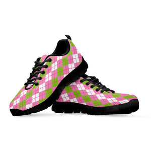 White Pink And Green Argyle Print Black Running Shoes