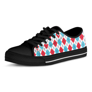 White Red And Blue Argyle Pattern Print Black Low Top Sneakers