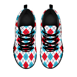 White Red And Blue Argyle Pattern Print Black Running Shoes