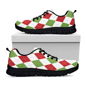 White Red And Green Argyle Pattern Print Black Running Shoes
