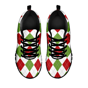 White Red And Green Argyle Pattern Print Black Running Shoes