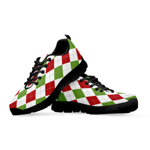 White Red And Green Argyle Pattern Print Black Running Shoes