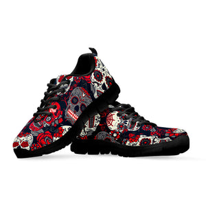 White Red Sugar Skull Pattern Print Black Running Shoes