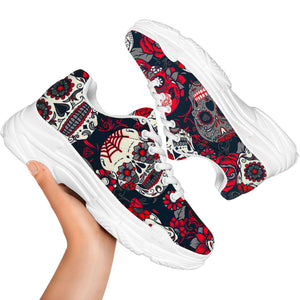 White Red Sugar Skull Pattern Print White Chunky Shoes