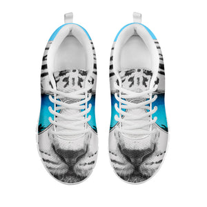 White Tiger With Sunglasses Print White Running Shoes