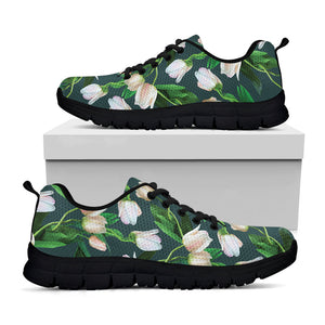 White Tulip Pattern Print Black Running Shoes