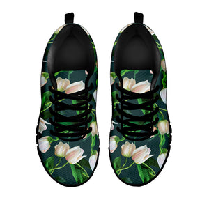 White Tulip Pattern Print Black Running Shoes