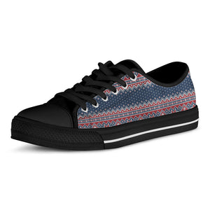Winter Holiday Knitted Pattern Print Black Low Top Sneakers