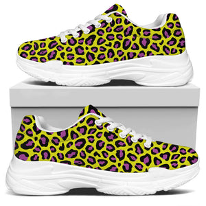 Yellow And Purple Leopard Pattern Print White Chunky Shoes