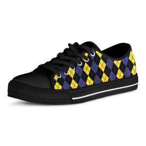 Yellow Black And Blue Argyle Print Black Low Top Sneakers