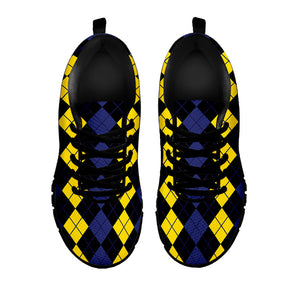 Yellow Black And Blue Argyle Print Black Running Shoes
