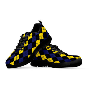 Yellow Black And Blue Argyle Print Black Running Shoes