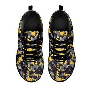 Yellow Black And Grey Digital Camo Print Black Running Shoes