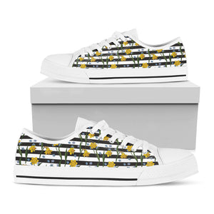 Yellow Daffodil Striped Pattern Print White Low Top Sneakers
