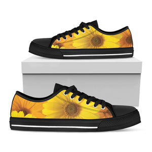 Yellow Daisy Flower Print Black Low Top Sneakers