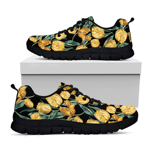 Yellow Tulip Floral Pattern Print Black Running Shoes