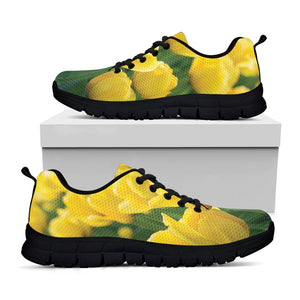 Yellow Tulip Print Black Running Shoes