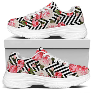 Zigzag Peony And Rose Pattern Print White Chunky Shoes