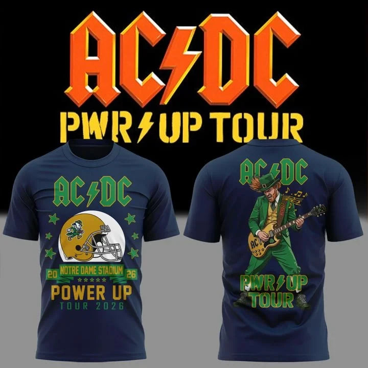 Notre Dame Football x ACDC Merch Power Up Tour 2026 T-Shirt Best Gift For Music Lovers - Gearneko