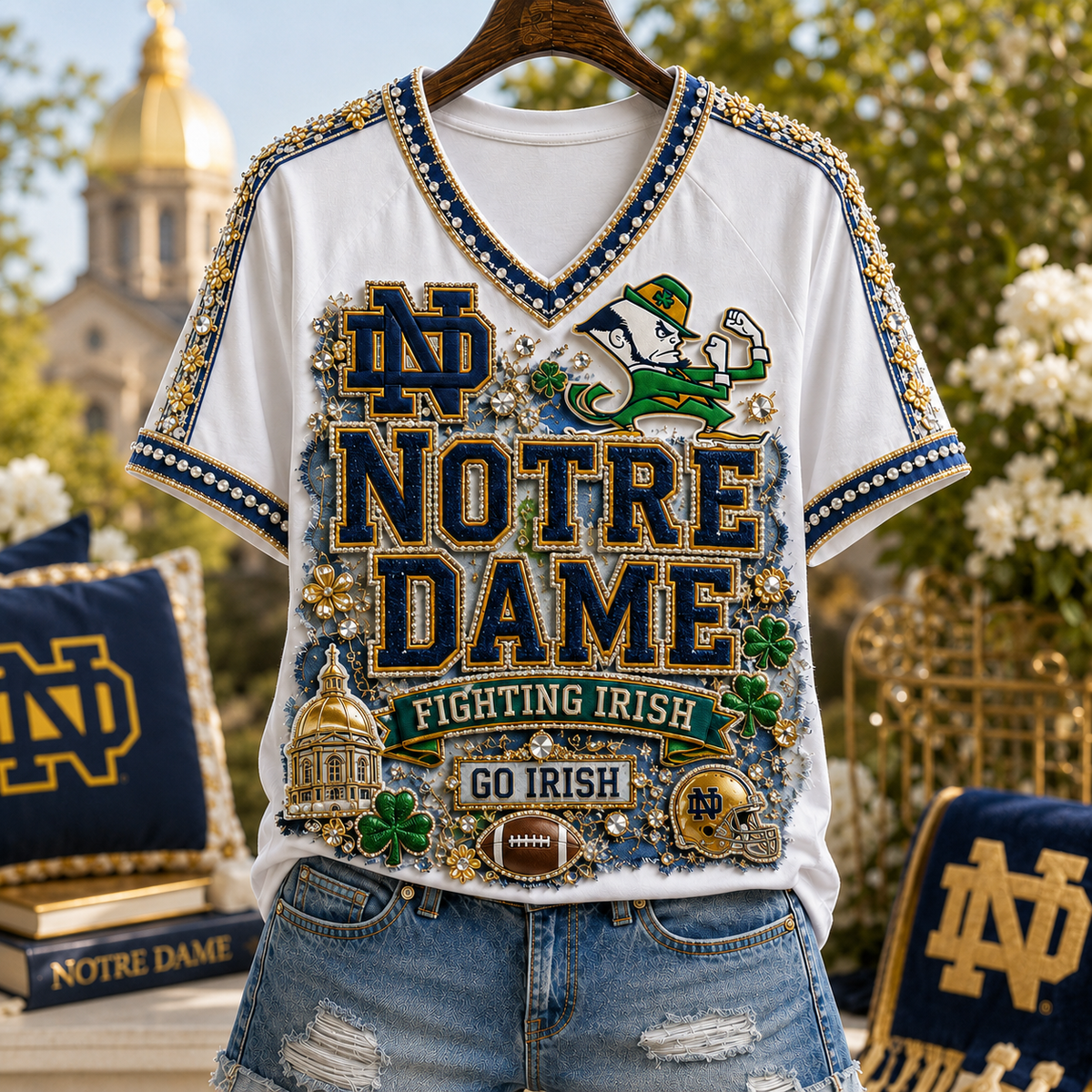 Notre Dame Fighting Irish Football V-Neck Shirt Football Merch Unique Gift For Girlfriend - Gearneko
