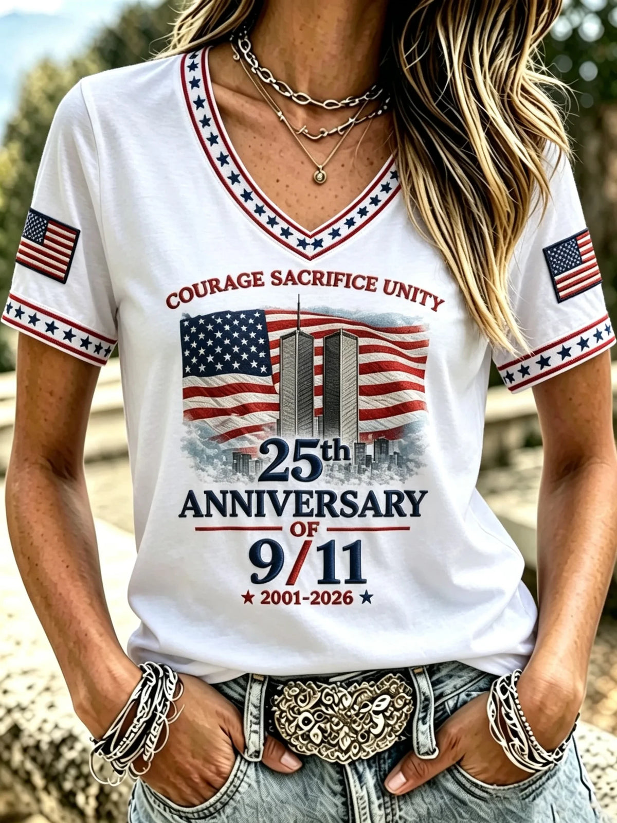 9 11 25Th Anniversary Never Forget V-Neck Shirt Patriotic Apparel Patriot Day Gift - Gearneko