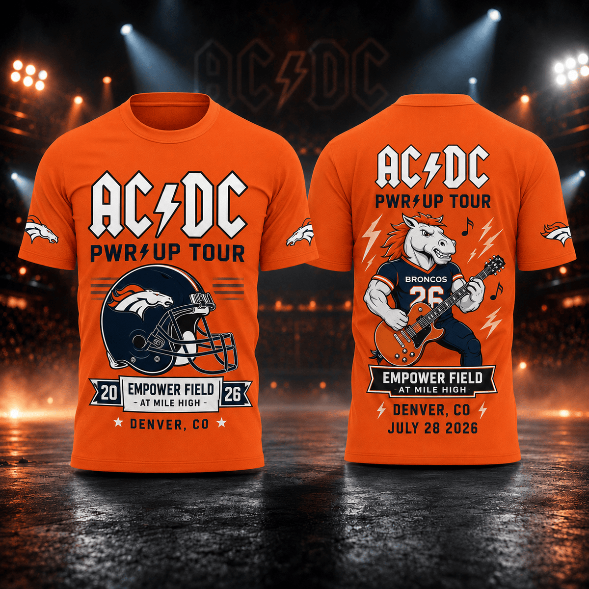 AC DC x Denver Broncos Merch Power Up Tour 2026 Shirt Game Day Clothing Football Gears - Gearneko