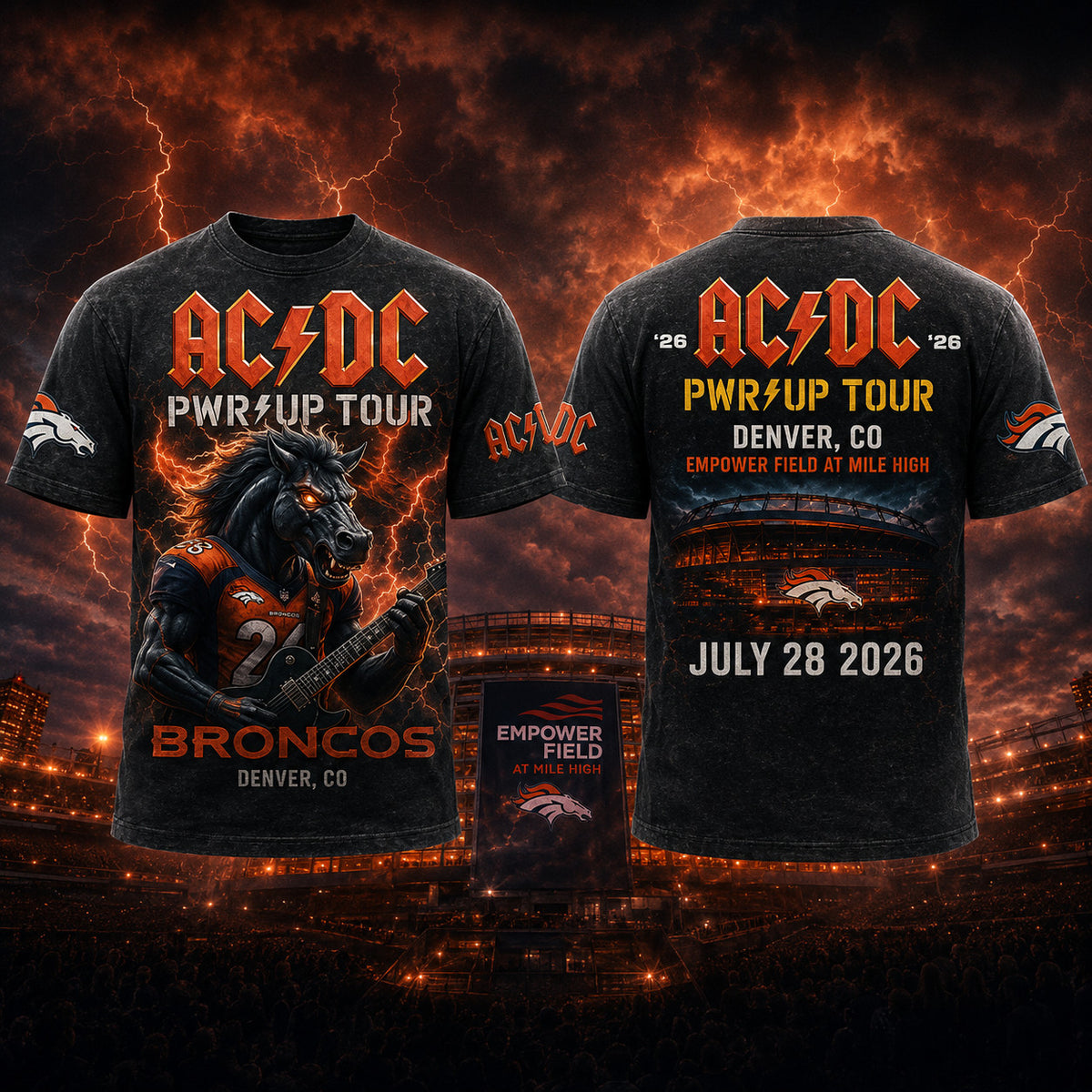 AC DC x Denver Broncos Merch Power Up Tour 2026 Shirt ACDC Music Outfits Great Gift For Brother - Gearneko