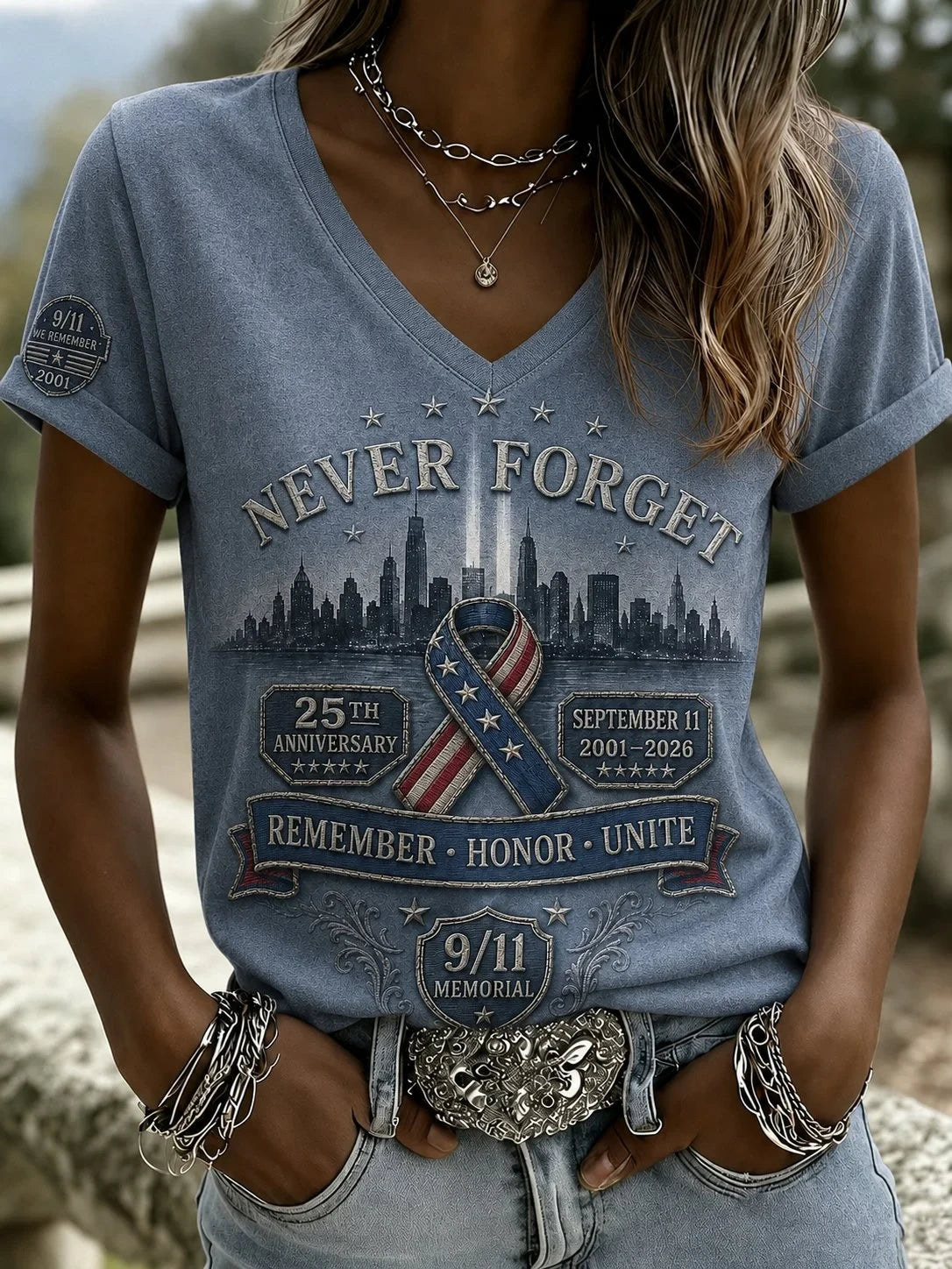 9 11 25th Anniversary Remember Honor Unite V-Neck Shirt 9 11 Clothes Cool Gifts For Mom - Gearneko