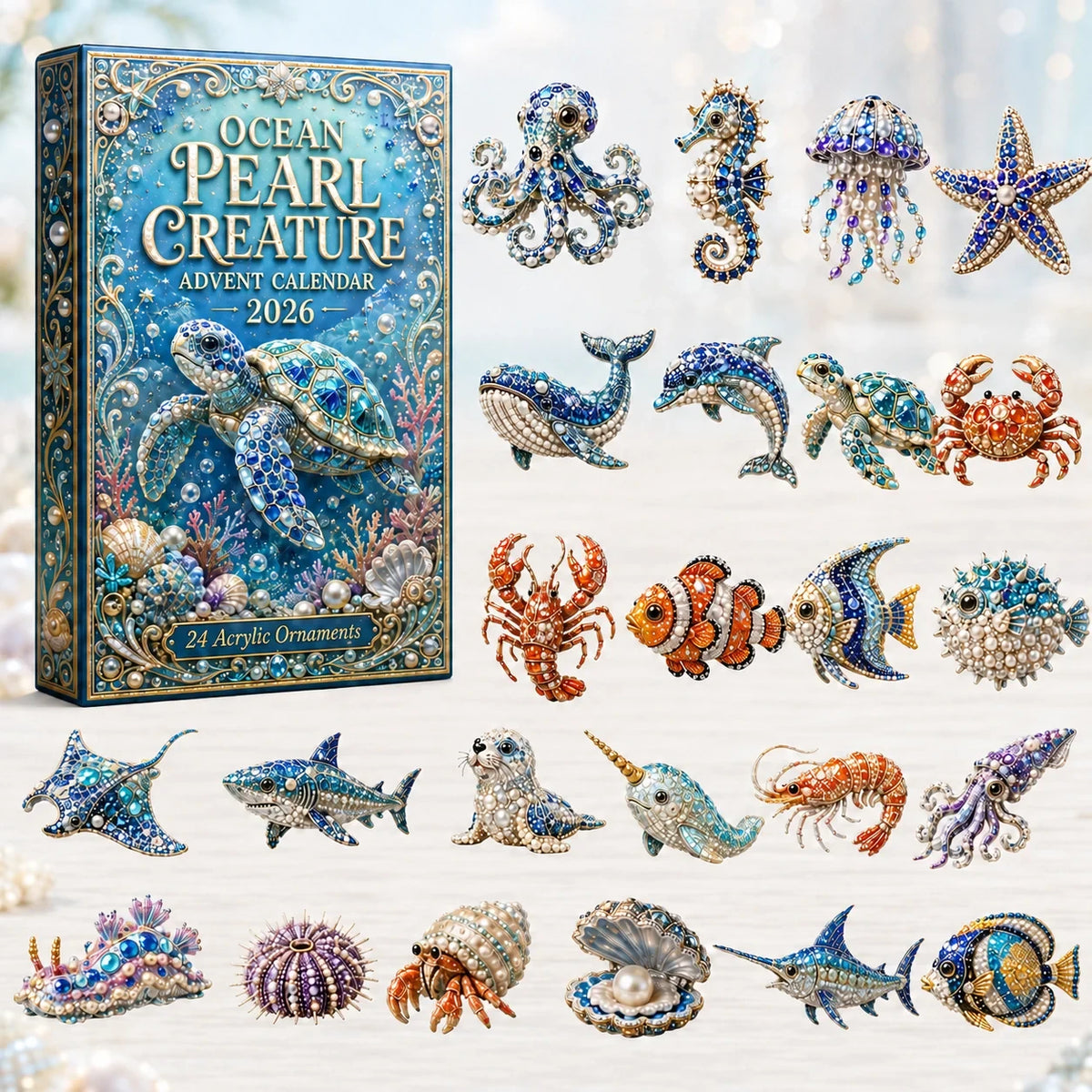 Ocean Pearl Creature Advent Calendar Christmas Ornaments Sea Animals Counting Down Calendar - Gearneko