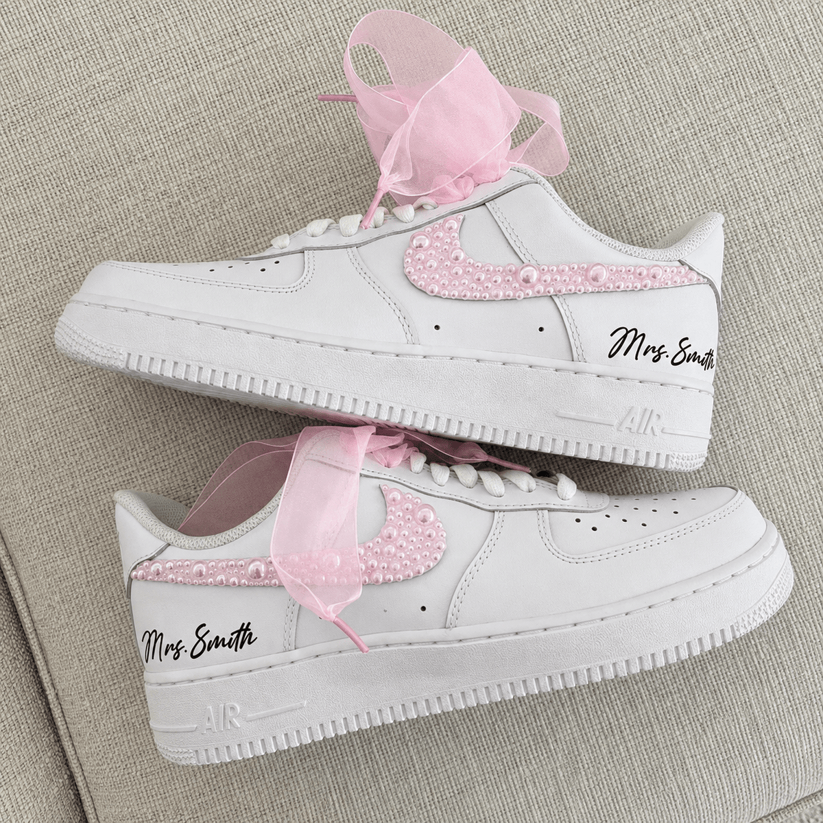 Personalized Blush Pink Pearl Swoosh Bridal Air Force 1