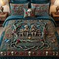 Custom Fun Attached Skull Couple Quilt Bedding Set Halloween Decor Presents For Couples - Gearneko