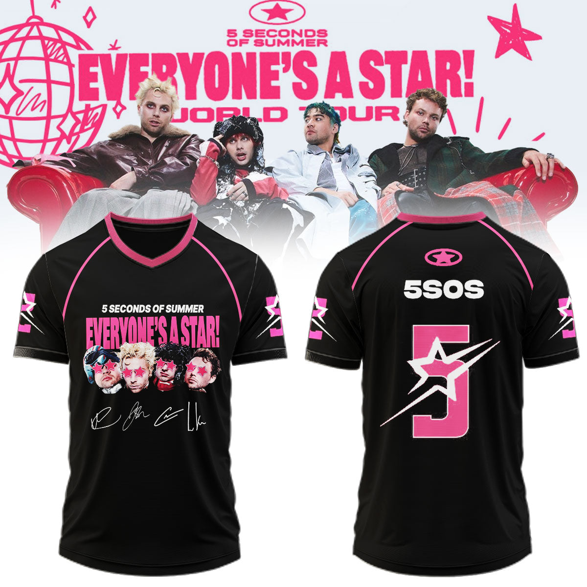 5 Seconds Of Summer Merch Everyone's A Star 2026 Tour Signature Jersey Shirt Music Fans Presents - Gearneko