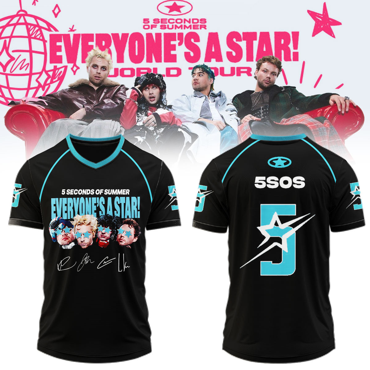 5 Seconds Of Summer Merch Everyone's A Star 2026 Tour Signature Jersey Shirt Rock Fans Gifts - Gearneko