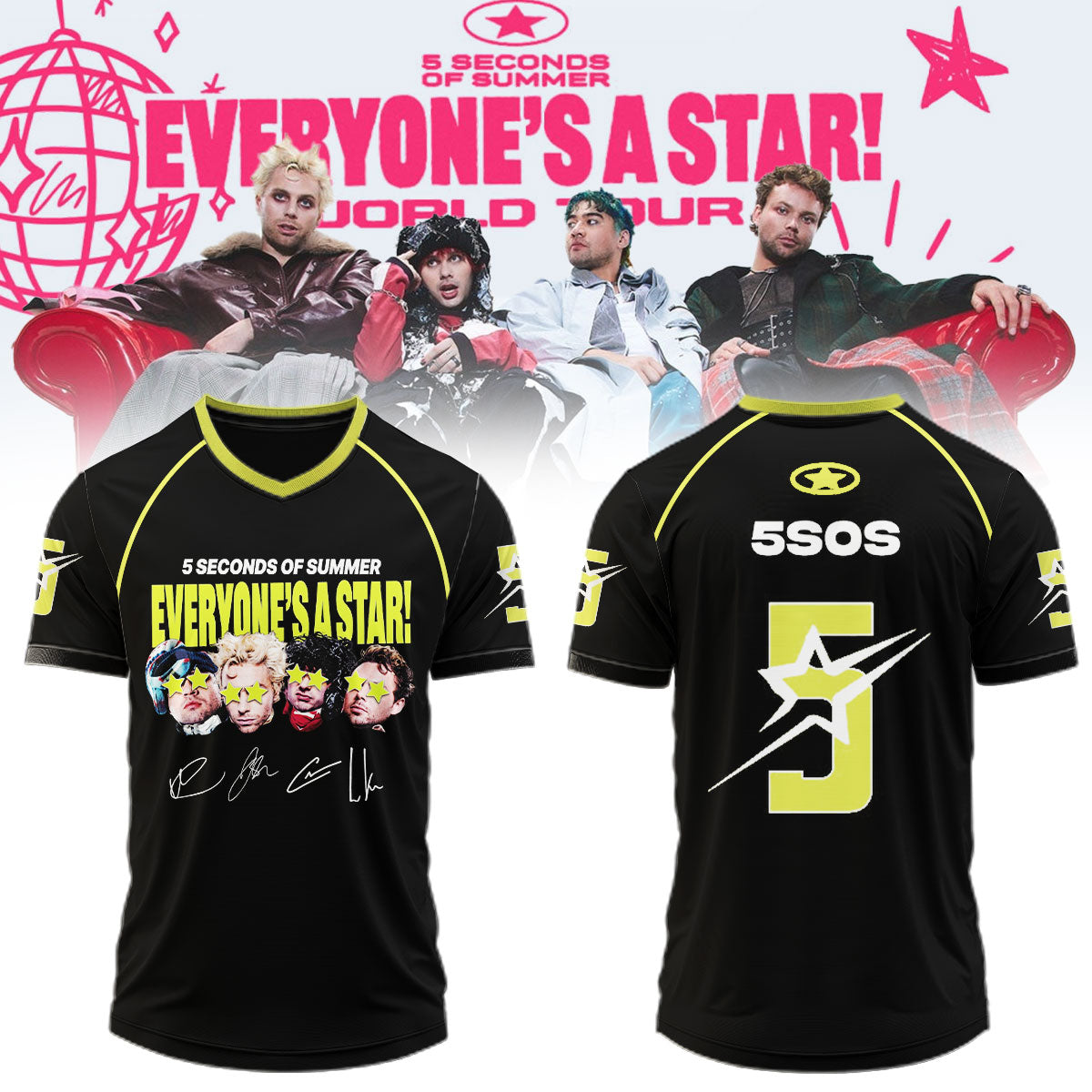 5 Seconds Of Summer Merch Everyone's A Star 2026 Tour Signature Jersey Shirt Rock Fans Presents - Gearneko