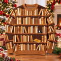 Book Lovers Bookshelf And Cat Christmas Sweater Xmas Gifts For Bookworms - Gearneko