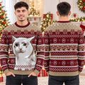 Cute Wide Eyed Cat Burgundy And Beige Ugly Christmas Sweater Xmas Gifts For Cat Lovers - Gearneko