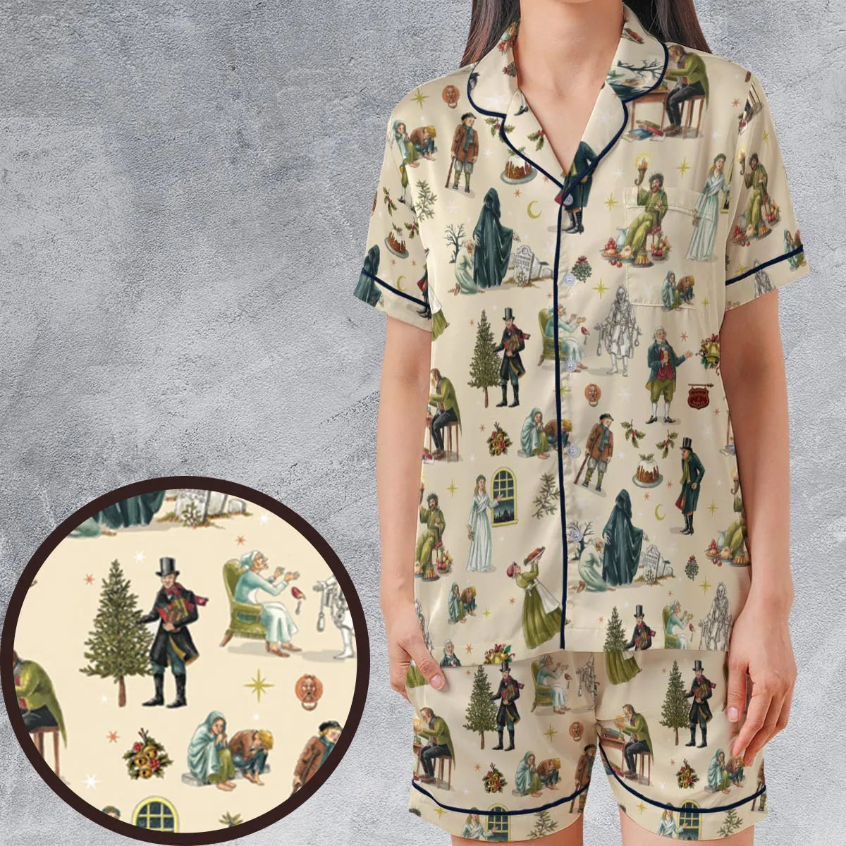 A Christmas Carol Characters Pattern Satin Short-Sleeve Pajamas Set