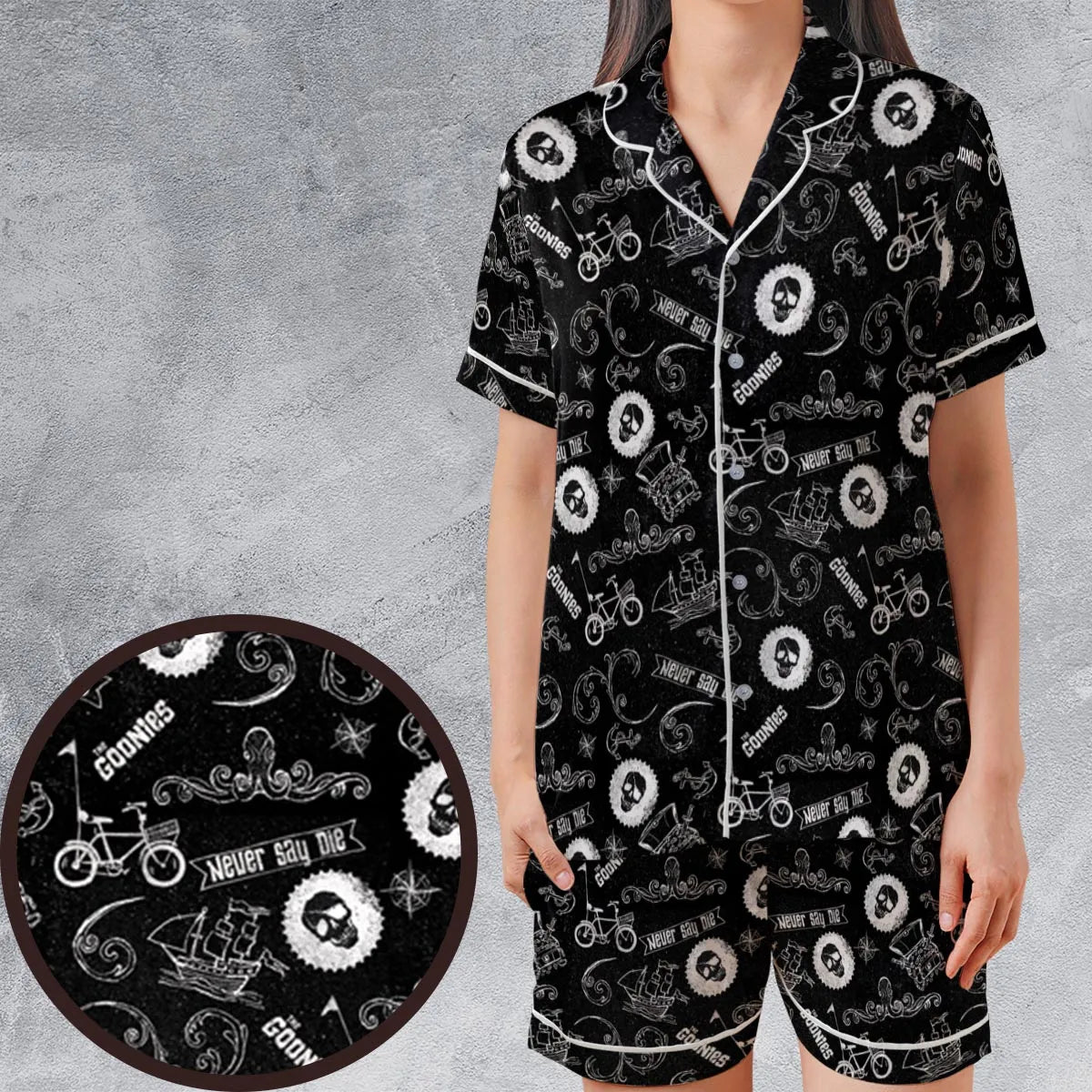 Never Say Die The Goonies Pattern Satin Short-Sleeve Pajamas Set