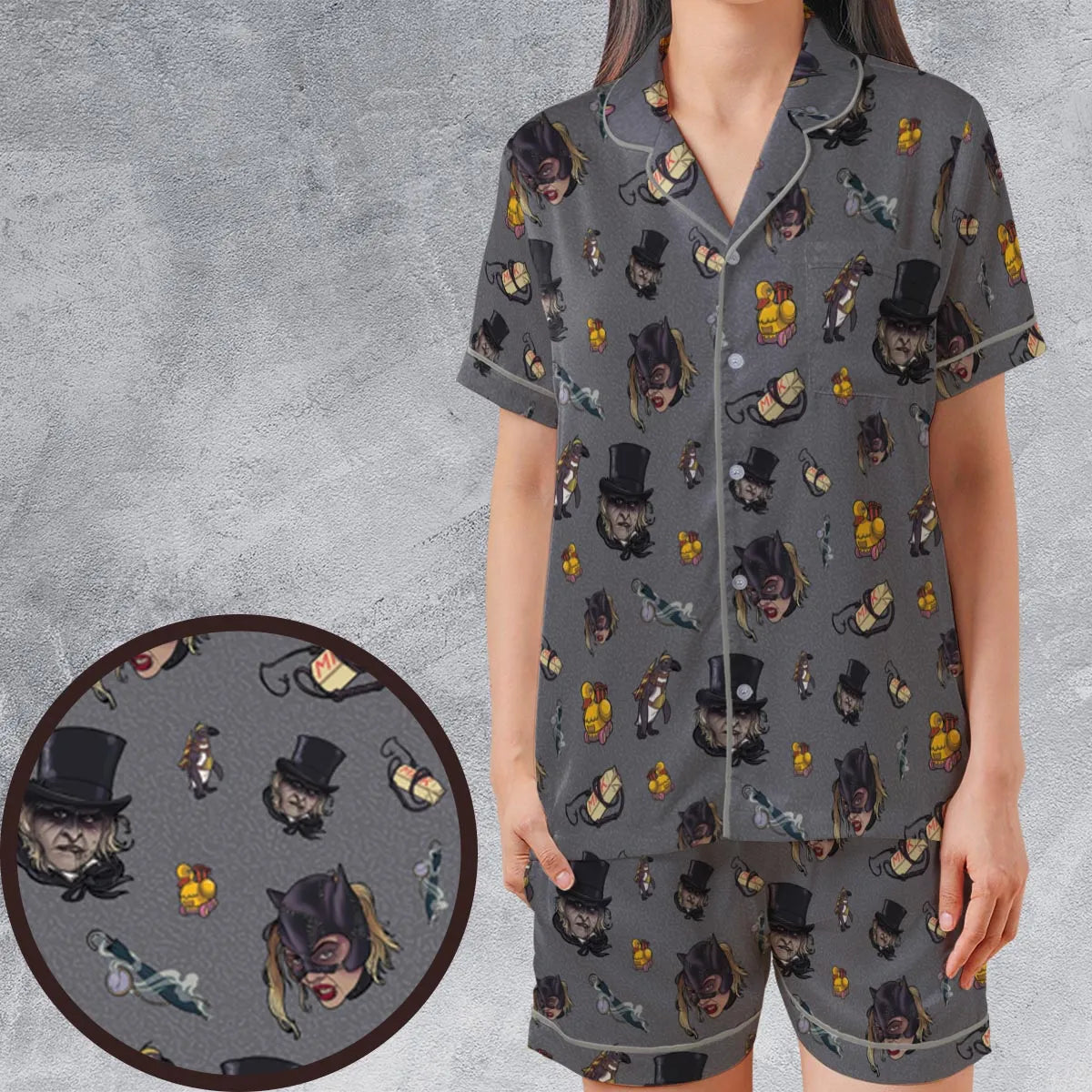 90s Returns Penguin and Catwoman Satin Short-Sleeve Pajamas Set