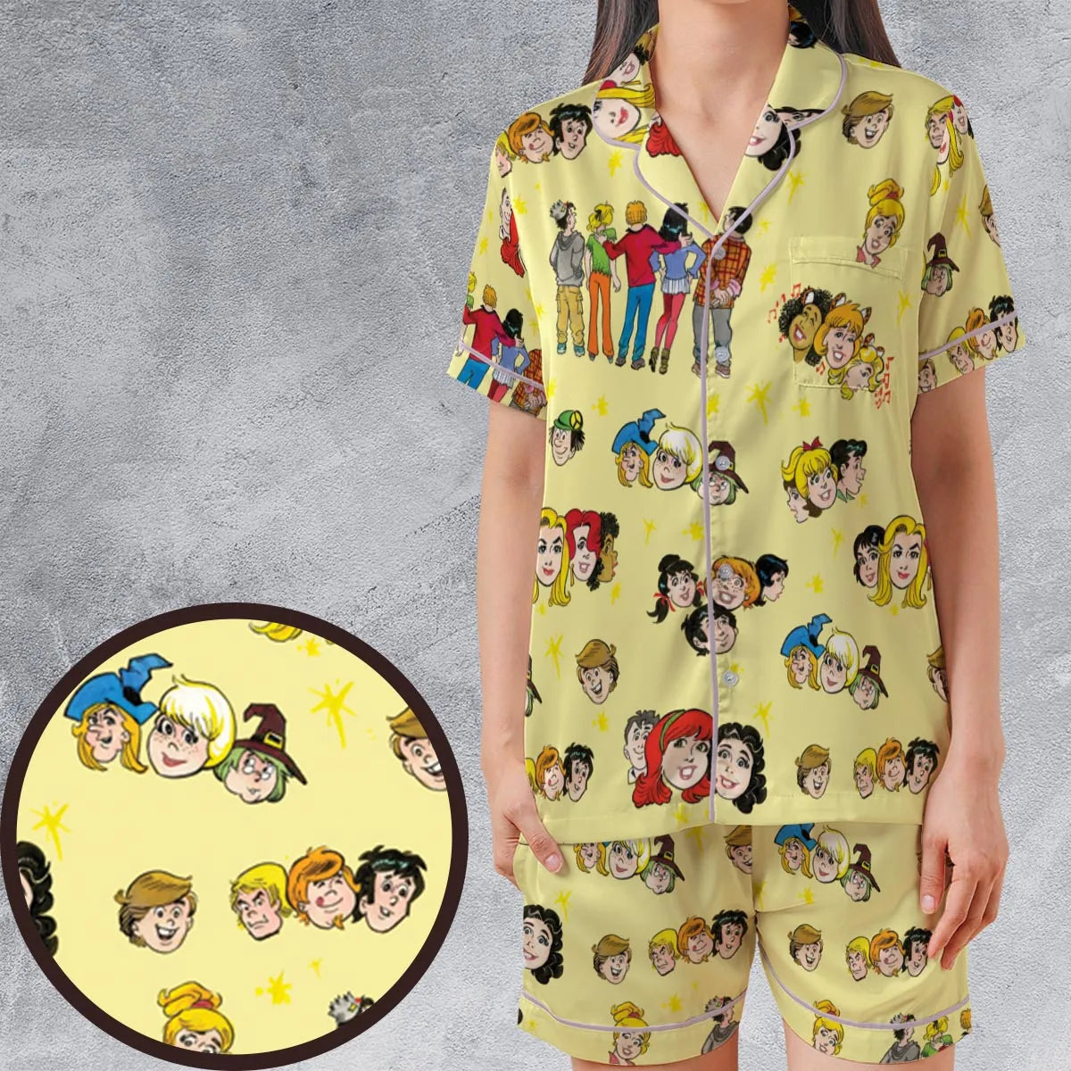 Nostalgic Cartoons in Archie Style Satin Short-Sleeve Pajamas Set