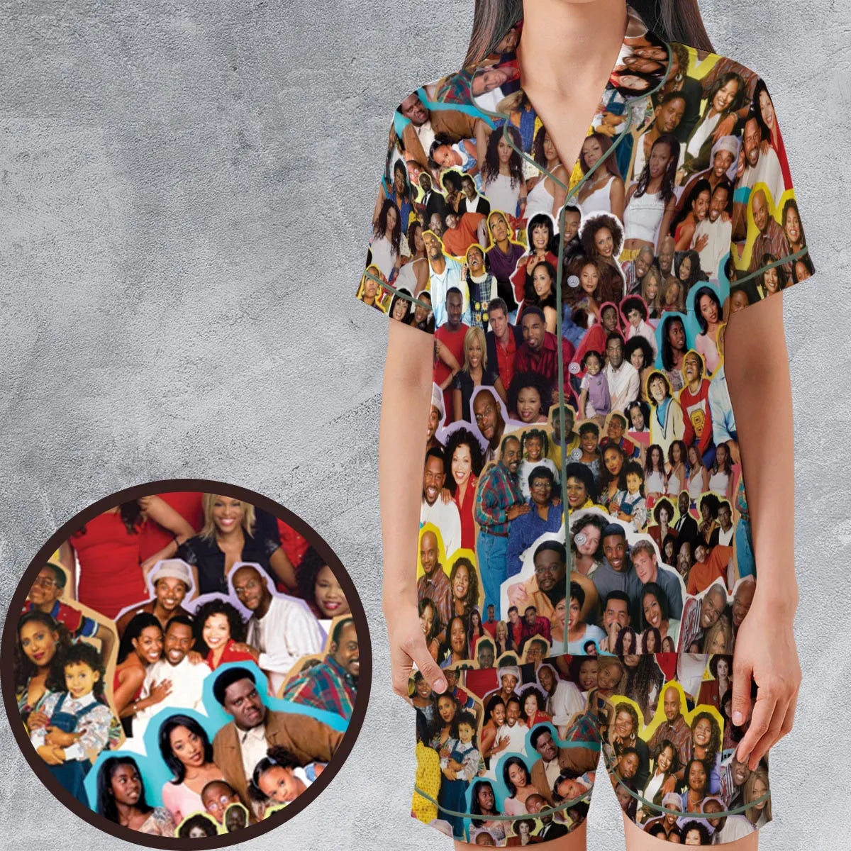 Old Black Sitcom Shows Collage Satin Short-Sleeve Pajamas Set