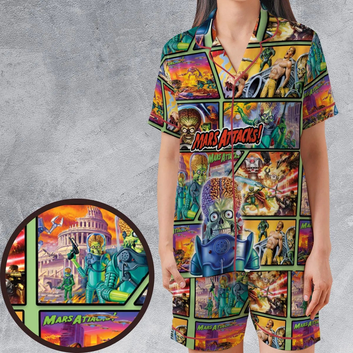 Ack! Ack! Ack! Mars Attacks Satin Short-Sleeve Pajamas Set