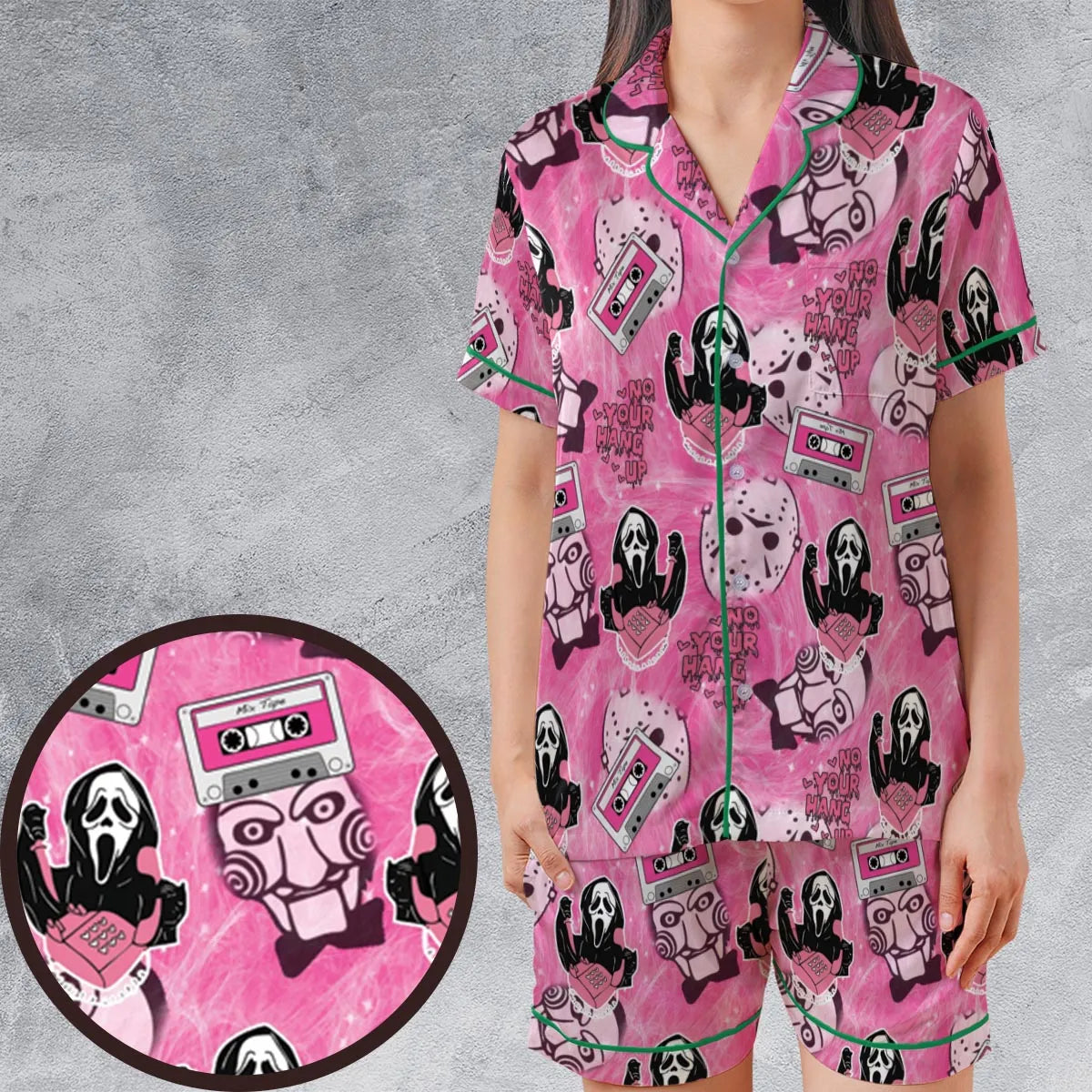 No Your Hang Up Mix Tape Satin Short-Sleeve Pajamas Set
