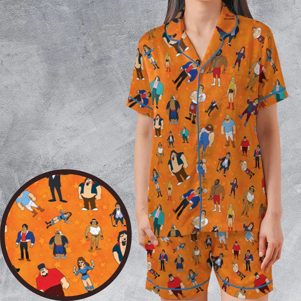 80s Hulk Rock 'n' Wrestling Characters Satin Short-Sleeve Pajamas Set
